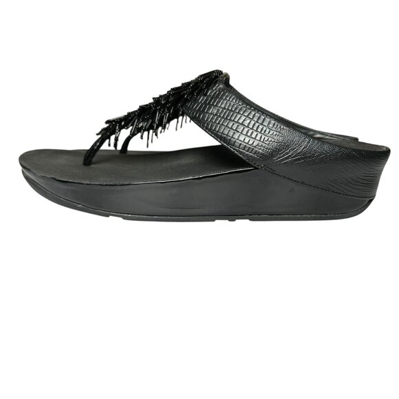 FitFlop Black Beaded Fringe Microwobbleboard Sandals Size 10 Comfort Beach Wedge - Picture 5 of 8